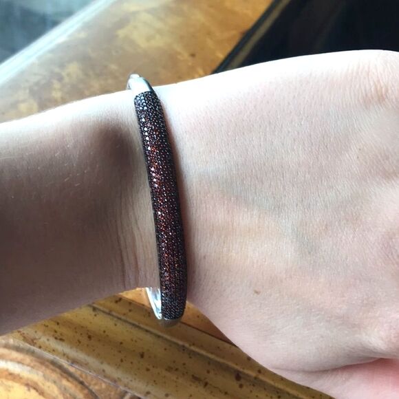 Natural Red Garnet Sterling Silver Bangle Bracelet - Picture 6 of 7